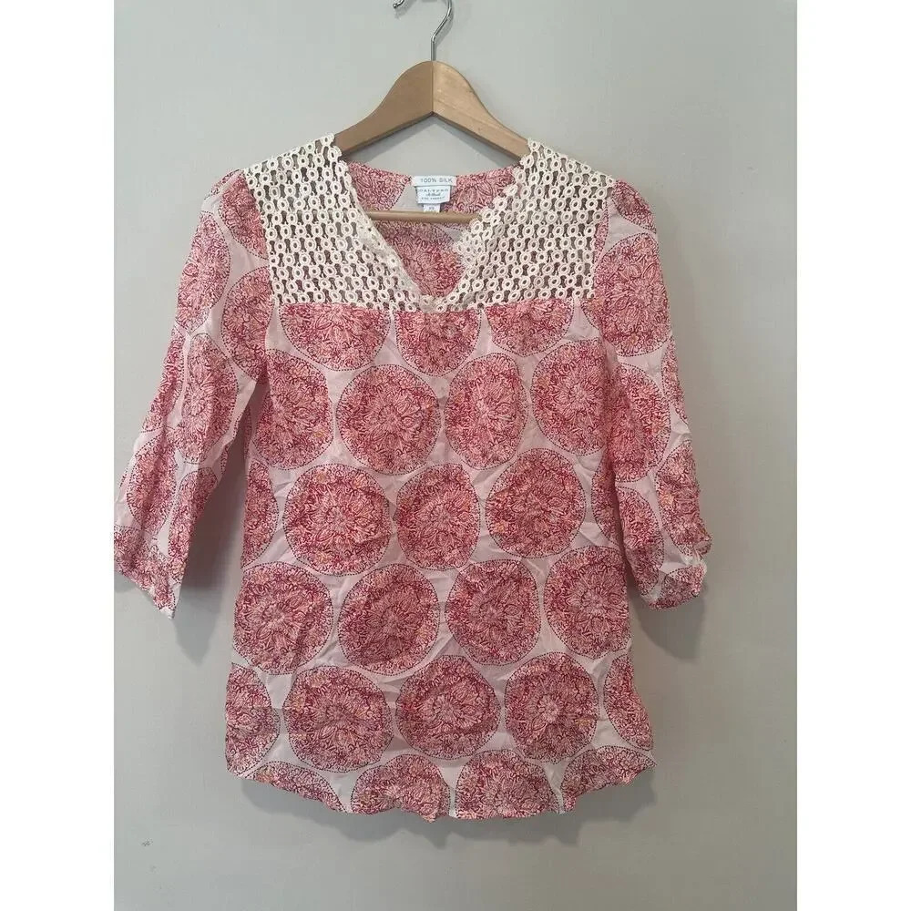 Calypso St Barth Women's 100% Silk Pink Red Floral Tunic Blouse Size XS 1135